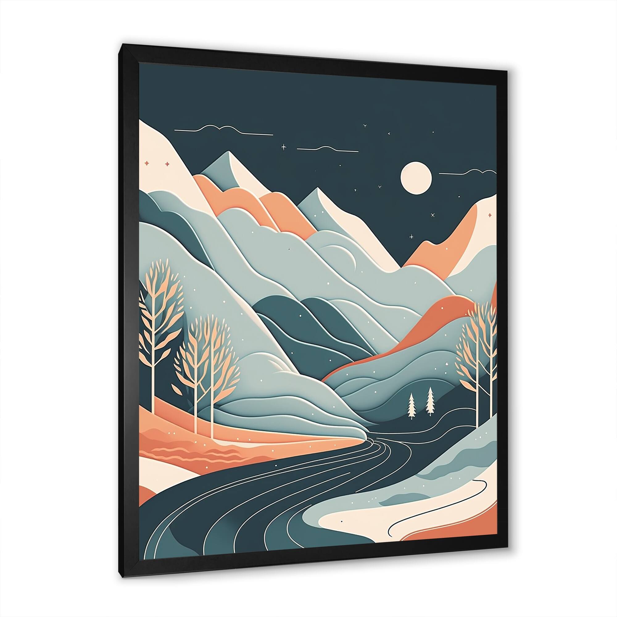 Designart "Graphic Mountain Trees In Orange And Blue I" Landscape